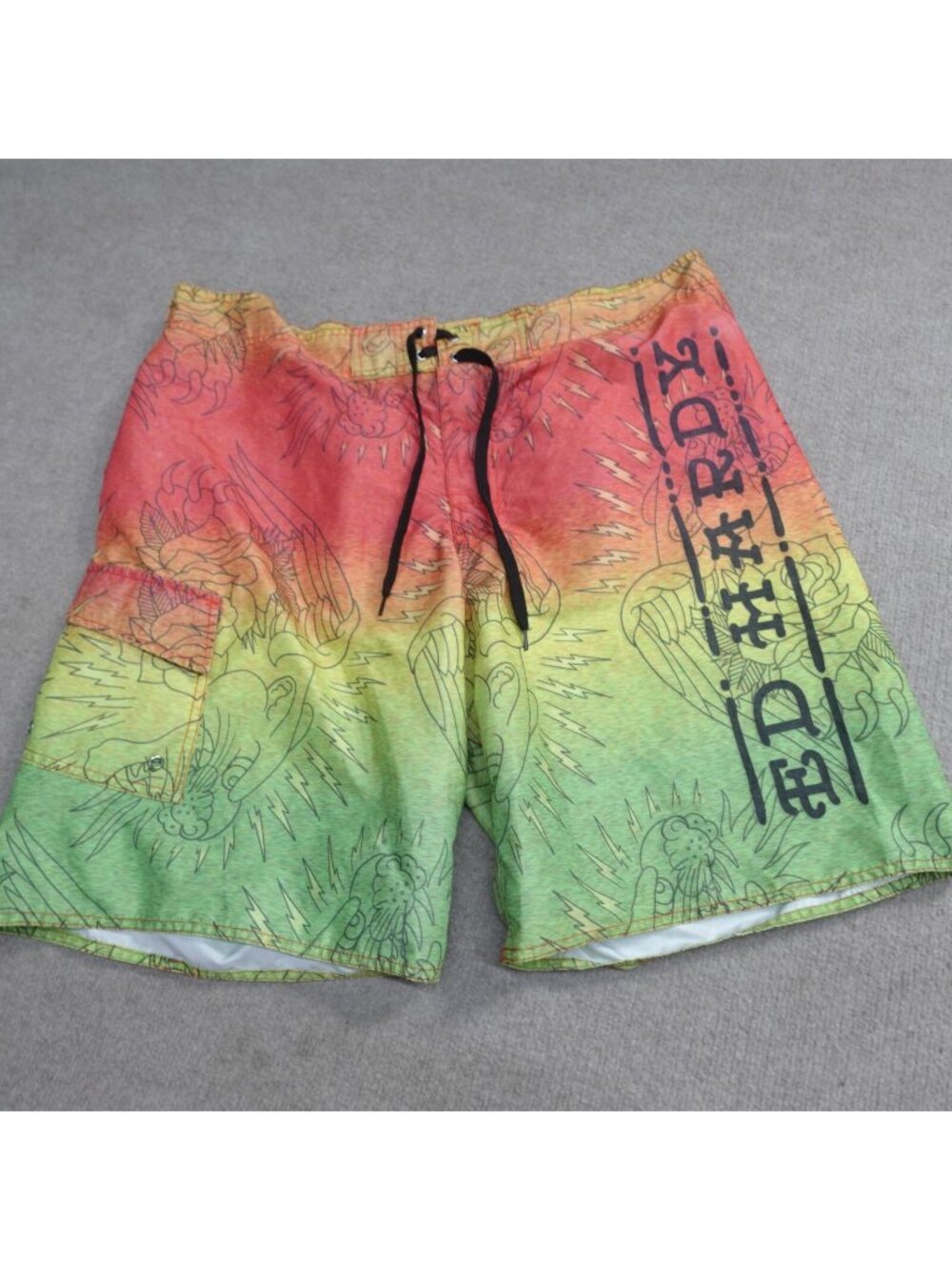 Ed Hardy Shorts XL Green Red Board Shorts Drawstring 10" in Vintage Y2K